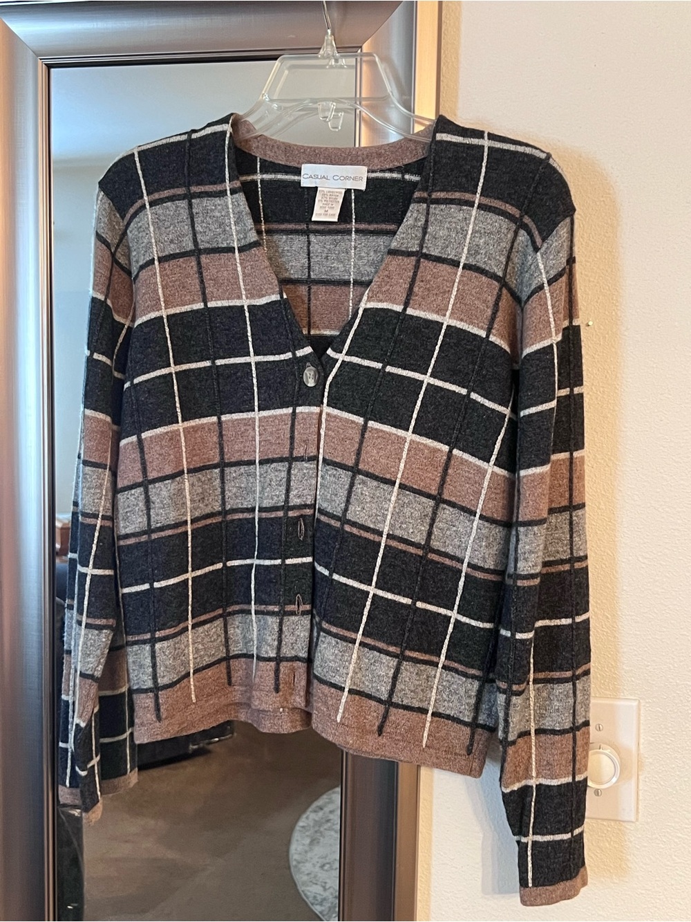 Casual Corner Black, Brown & Gray Plaid V-Neck Cardigan